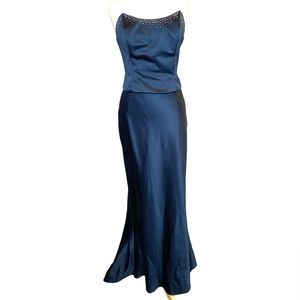 Up USA Navy Blue Strapless Maxi Dress Corset Style Rhinestones Size 13/14 Prom